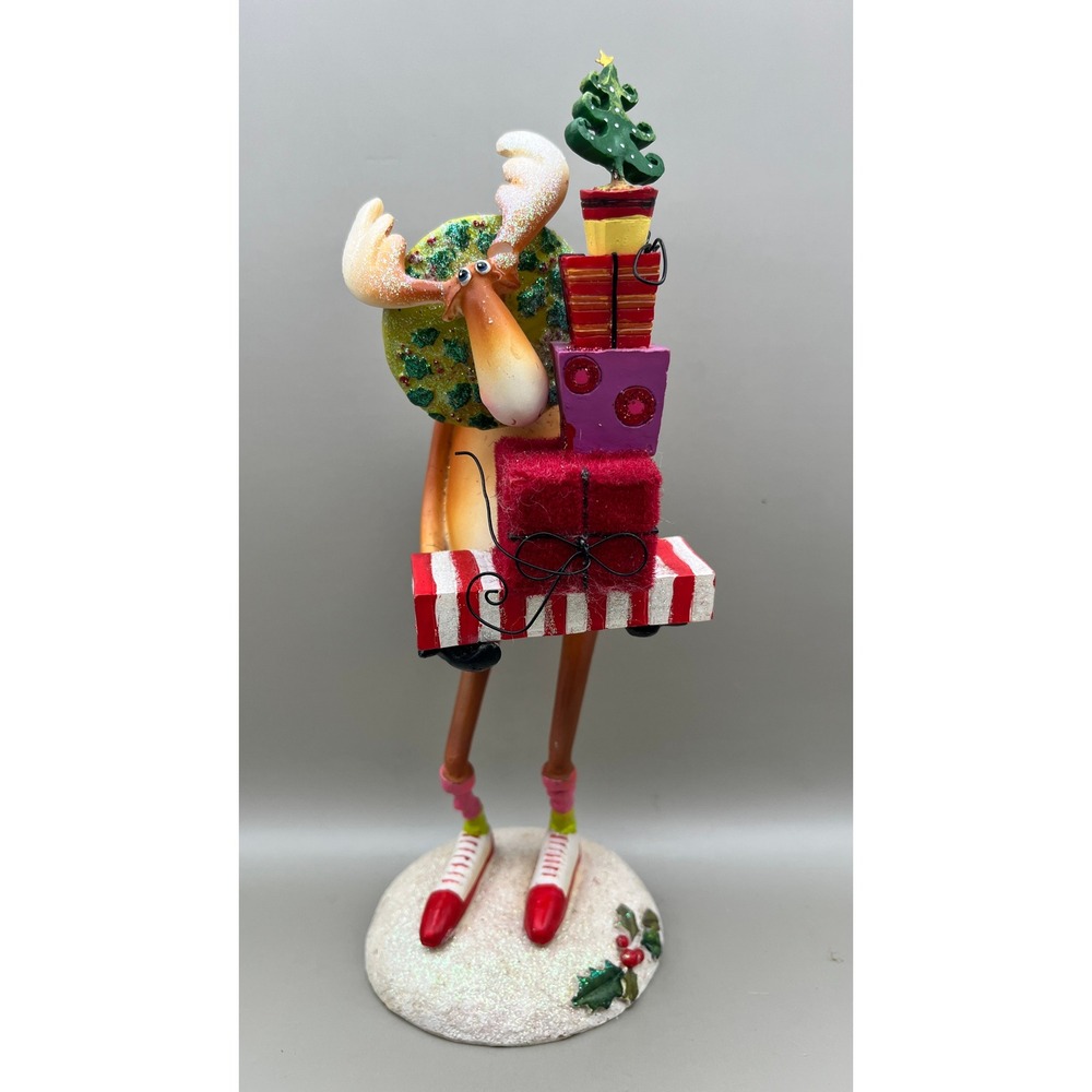 Whimsical Christmas Moose Figurine Gifts Wreath 8.5" Holiday Decor Peebles Vtg